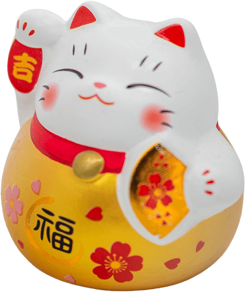 Maneki-neko blanc et doré décoré de fleurs rouges