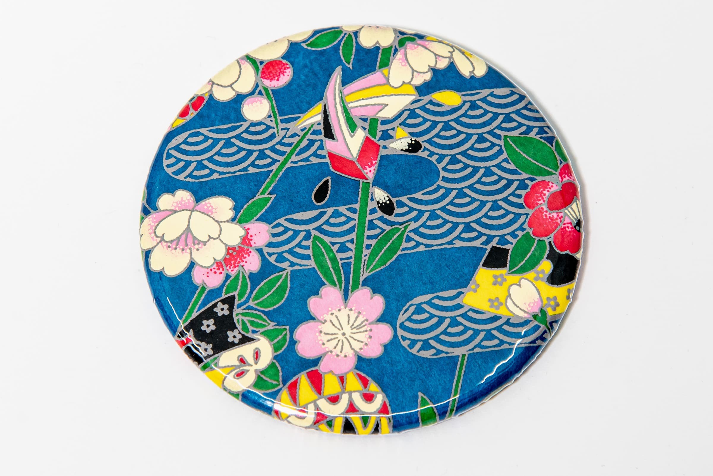 Miroir de poche « fond turquoise fleurs roses jaunes …