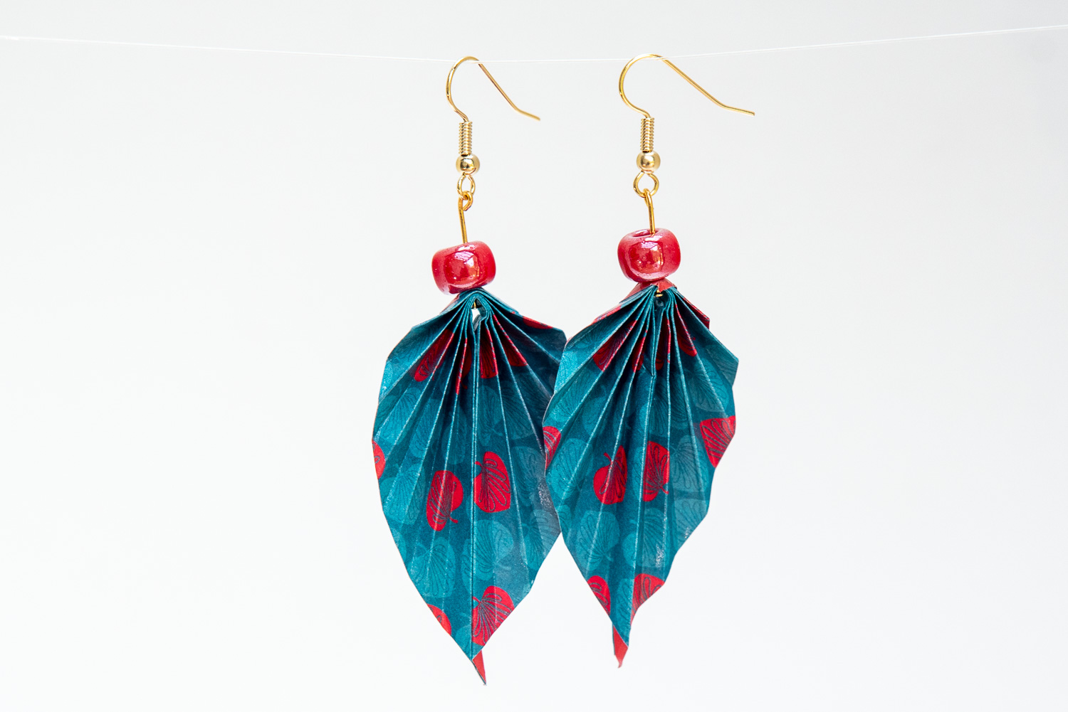 🌸 Boucles D'oreilles Pendantes Origami Rouge - Motif Japonais Fleurs Et Feuilles En Papier