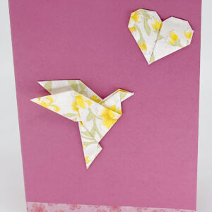 Carte origami colombe et cœur rose hortensia