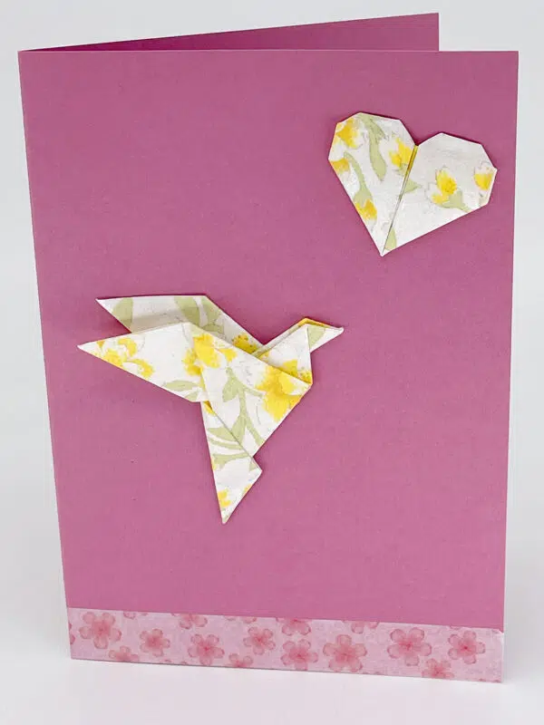 Carte origami colombe et cœur rose hortensia