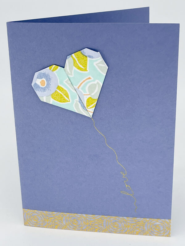 Carte origami cœur bleu lavande fleurs