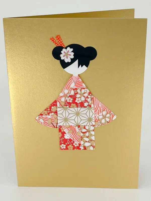 Carte origami geisha rouge et or