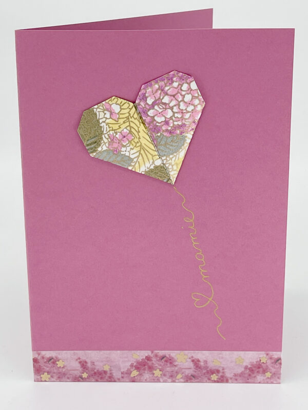 Carte origami cœur rose hortensia "Mamie"