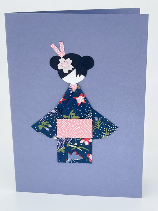 Carte origami geisha bleu lavande