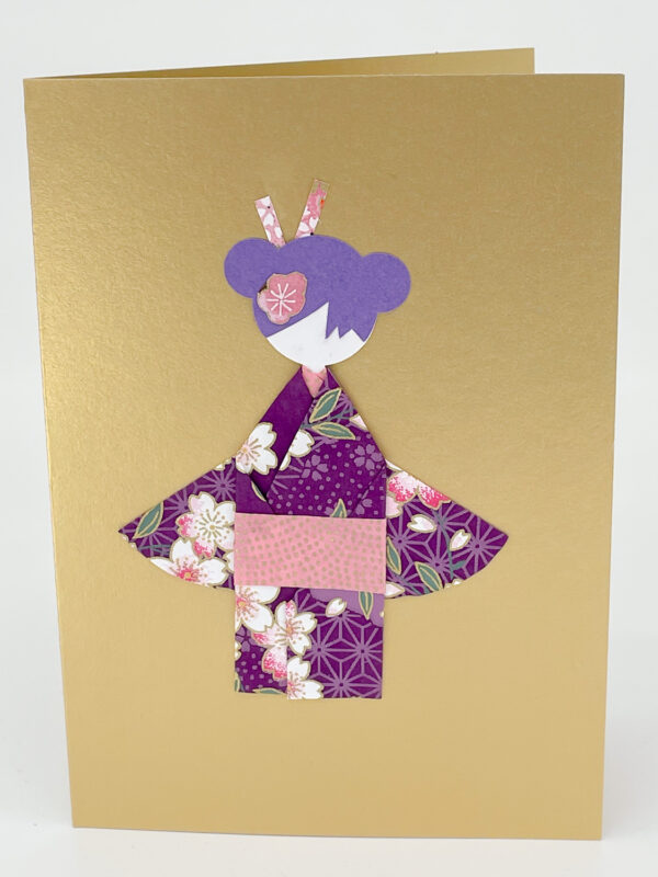 Carte origami geisha mauve et or