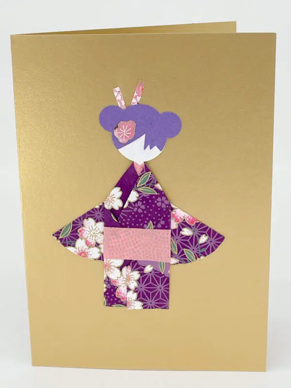 Carte origami geisha mauve et or