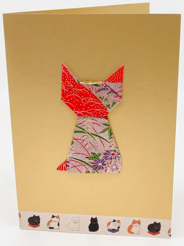 Carte origami chat rouge et or avec bande chats