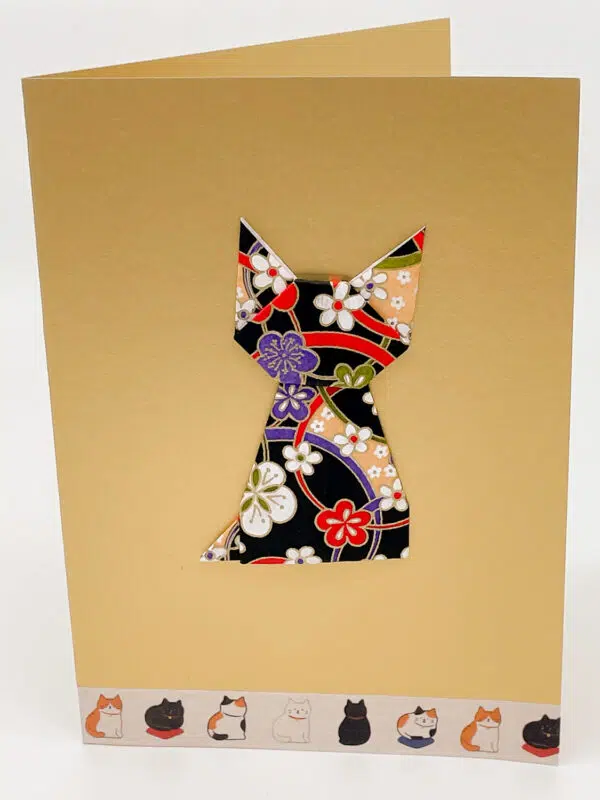 Carte origami chat noir violet et or avec bande chats